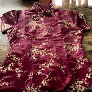 Red Floral Qipao Cheongsam Mini Dress Mandarin Collar Women’s M